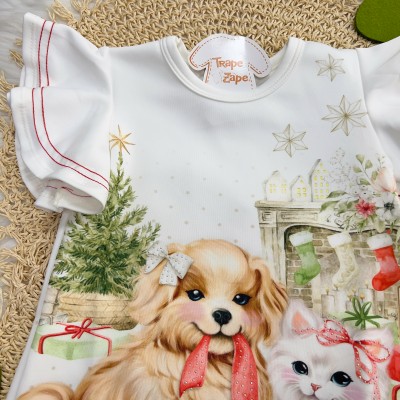  Vestido Natal Cachorrinha e Gatinha com Presentes - Off White